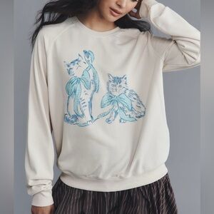 Anthropologie Maeve Cat Sweatshirt NWT Animal Friends Crew Neck Cream & Blue M